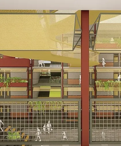 **School Design Proposal, Ahmedabad:** The facade features a metal skin and planter beds, allowing students to interact with the building and elements of nature. The design aims to create a stimulating and engaging learning environment.