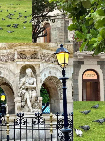 A serene collage of Flora Fountain, with its statues, pigeons, and old-fashioned street lamps.
