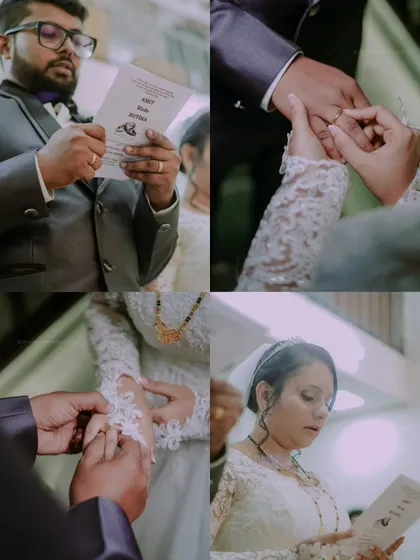 A collage of the ceremony, showing the exchange of vows and rings, capturing the most sacred moments of the wedding.