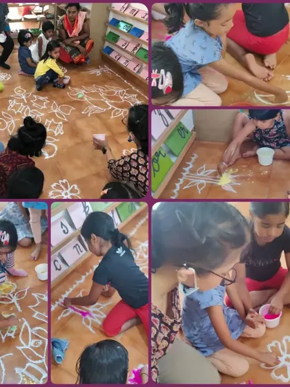 A collage showing the vibrant Ugadi celebrations, including children creating a large floor rangoli with colorful powders and flower petals. This is a beautiful collaborative art project.