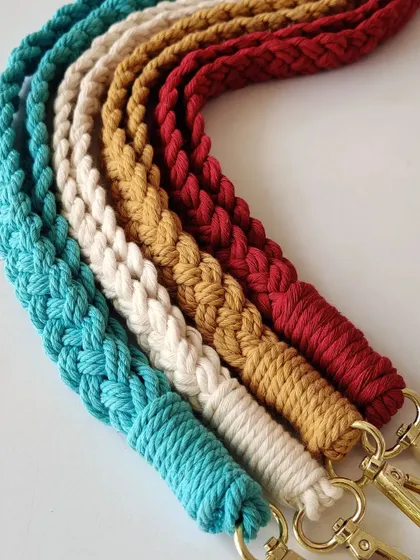 A beautiful lineup of my colorful macrame lanyards, ready to be ordered.