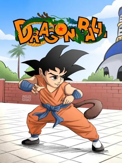 A version of the Kid Goku piece with the iconic Dragon Ball logo and a fuller background, making it look like an official poster or a scene from the show.
