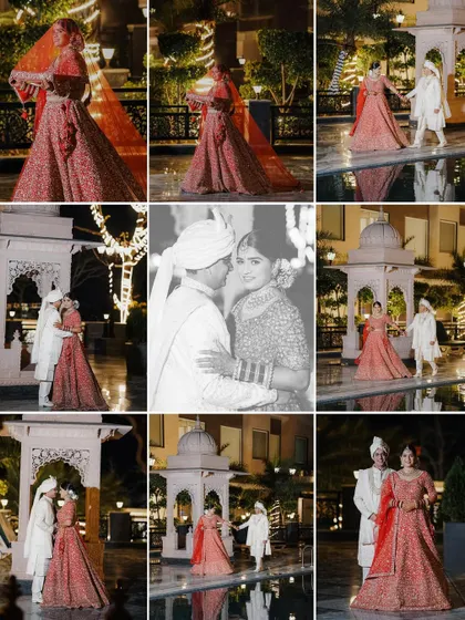 A grid of photos from a poolside wedding ceremony at night. The mix of black and white and color shots captures the romantic and elegant atmosphere of the event.