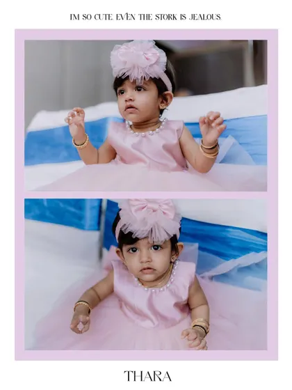 A clean and modern photo layout from a first birthday shoot. Two adorable portraits of the birthday girl are presented in a simple frame, highlighting her cute expressions and party attire.
