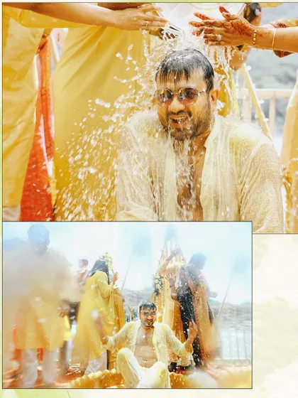 A collage focusing on the groom during a fun-filled Haldi ceremony. The main shot captures the exact moment he gets drenched with water, a classic and memorable part of the celebration.