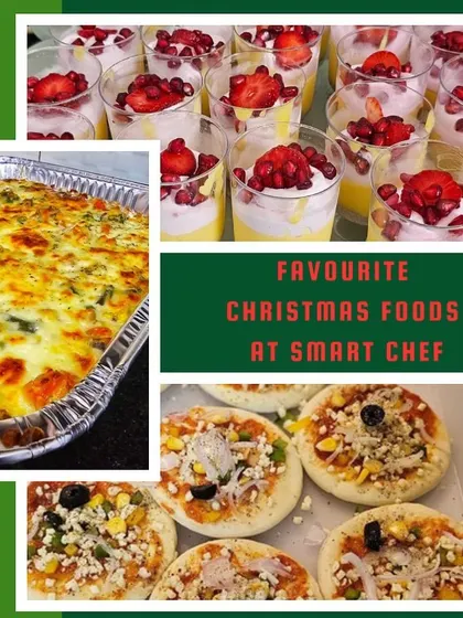A collage of our favorite Christmas foods, including creamy baked pasta, mini pizzas, and beautiful fruit and cream dessert cups.