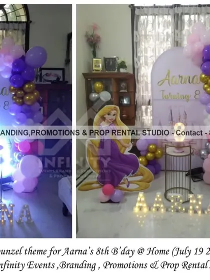 A simple and charming Rapunzel theme for an 8th birthday at home. This setup uses a semi-arch backdrop, a character cutout, and a purple and gold balloon arrangement to create a touch of fairytale magic in a cozy space.