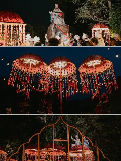 The grandeur of a royal Baraat in Jaipur, with the groom on an elephant and performers with ornate umbrellas. I capture the rich traditions of a palace wedding.