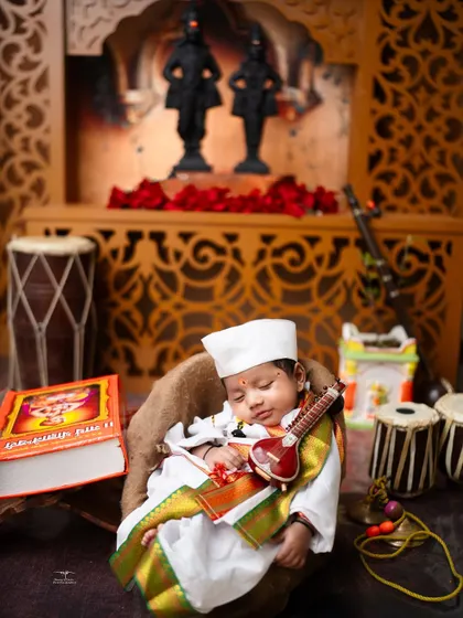 A sleeping Varkari devotee, surrounded by traditional instruments like the tabla and dholki, creating a scene of peaceful devotion.
