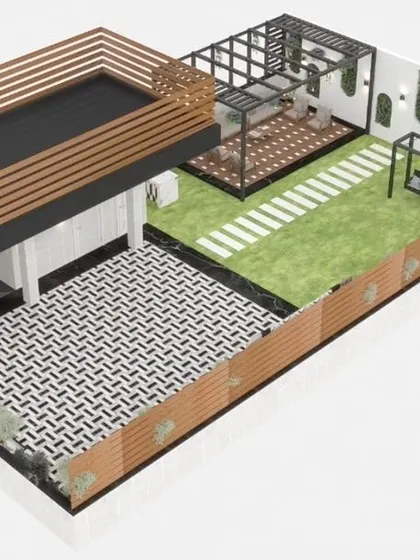An alternate aerial view of the Najafgarh 3D design. This perspective shows the relationship between the lower terrace and an upper deck structure, illustrating our capability in multi-level design.