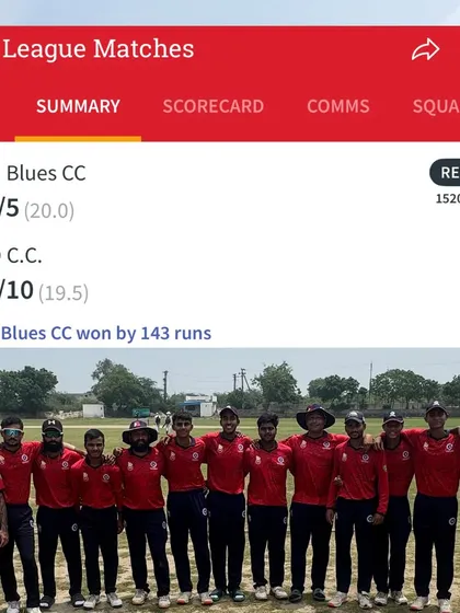 Our training translates into on-field dominance. This scorecard shows a massive 143-run victory for our Delhi Blues Cricket Club, demonstrating the competitive edge our players gain through our high-performance program.