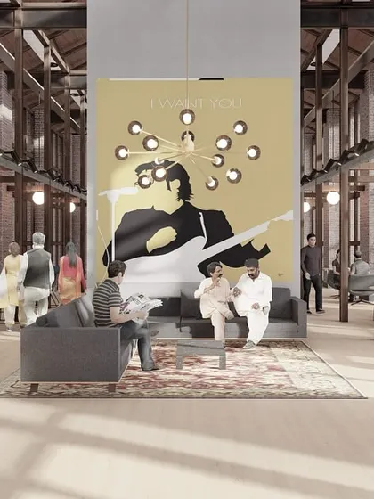 A lounge area in the Solina Silk Factory concept. The design preserves the building's industrial character while introducing modern furniture and large-scale art to create a dynamic public space.