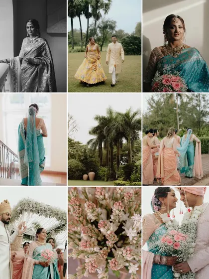 A mood board of images from Ankita and Anurag's Goan wedding, blending portraits, decor details, and candid moments to tell a complete story.