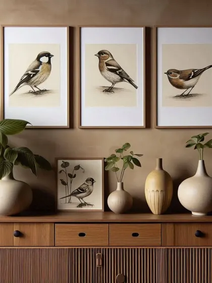 Our "Bird Song" collection includes various bird illustrations that can be grouped together to create a charming and naturalistic display. These prints are an affordable way to bring art into your home.