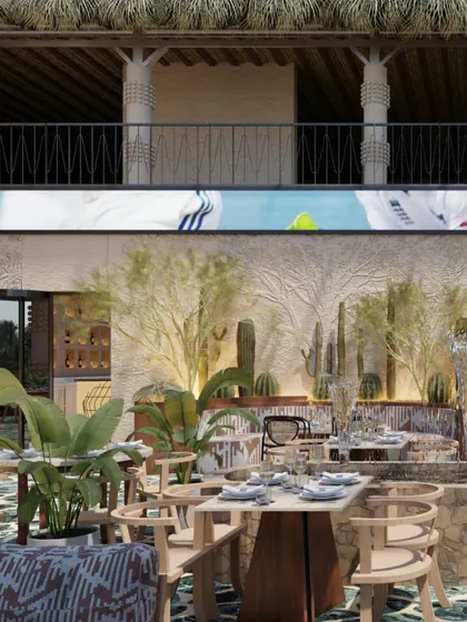 This render highlights the combination of different seating arrangements and textures. The design balances open, social areas with more intimate nooks, catering to a variety of dining experiences.