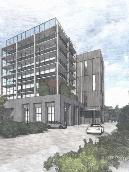 Our schematic design proposal for a commercial and retail building in Kochi. This concept sketch explores a modern architectural language, blending glass, concrete, and green terraces to create a dynamic urban presence.