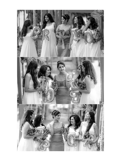 A black and white collage from the bridesmaid photoshoot, capturing the joyful moments between the bride and her friends.