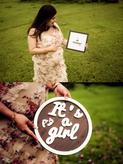 A collage announcing "It's a girl!" The mom-to-be points to an "I am Pregnant" sign in the top frame, and the bottom frame is a close-up of the gender reveal sign.