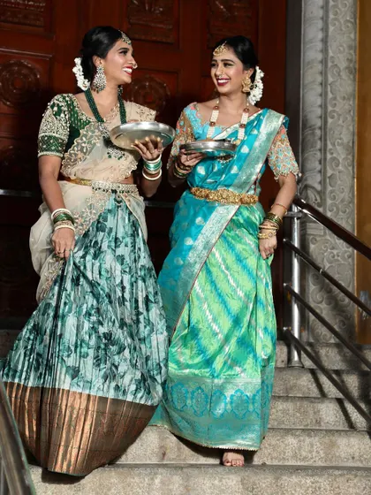 Two models showcasing my temple jewellery sets with half-sarees, a great idea for bridesmaids or for a pre-wedding event.