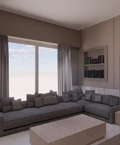 This render focuses on the view from the seating area, showing how the rotating TV is positioned for optimal viewing. We use these detailed visualizations to perfect the layout and ergonomics of our multifunctional designs before construction begins.