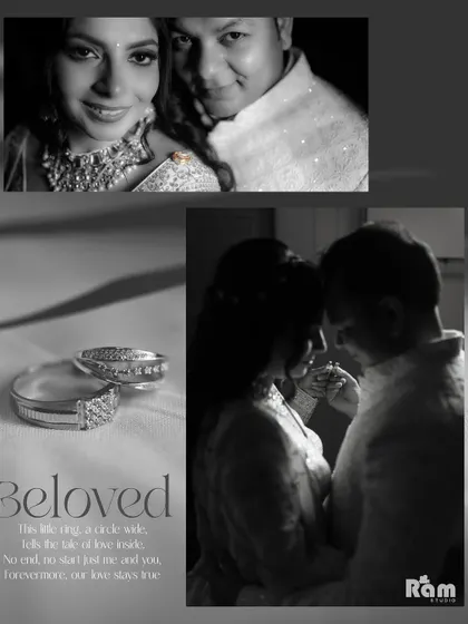 This creative collage combines portraits of the couple with a detailed shot of their engagement rings. The black and white treatment adds a timeless and artistic feel to their love story.