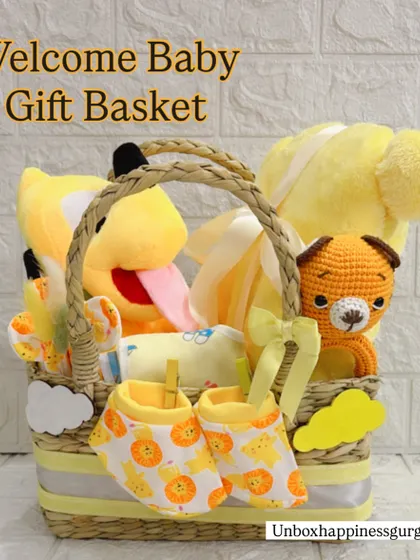 A full shot of the welcome baby gift basket, showcasing its generous size and the variety of items included, from plush toys to practical baby wear.