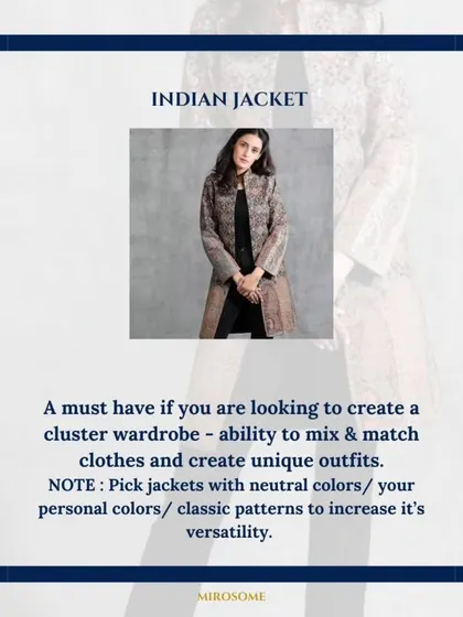An Indian jacket is a versatile and classic piece for any ethnic wardrobe. I recommend choosing one in a neutral color or a timeless pattern, as it can be mixed and matched to create numerous unique outfits with kurtis, dresses, or even pants.