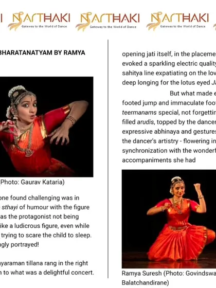 A wonderful review from Narthaki.com by the respected critic Leela Venkataraman for Ramya Suresh's performance at India International Centre, Delhi.