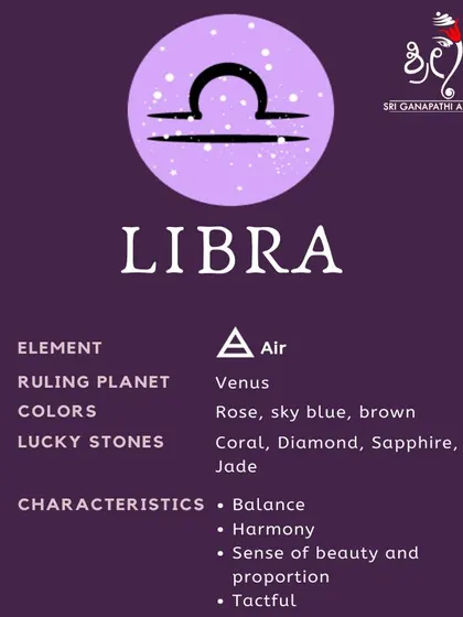 This chart details the characteristics of the Libra sign. Ruled by Venus, their key traits are balance, harmony, and a strong sense of beauty and proportion.