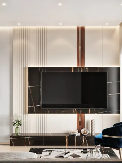 This living room TV unit is the centerpiece of this render, featuring a black marble slab framed by vertical wood and white panels.