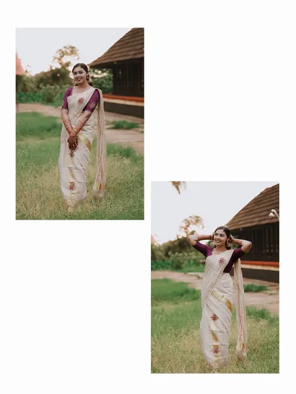A collage of a bride in a beautiful kasavu saree with a modern blouse design.