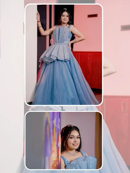 A series of portraits of a couple in blue-themed outfits, capturing their engagement on a staircase and in posed shots.