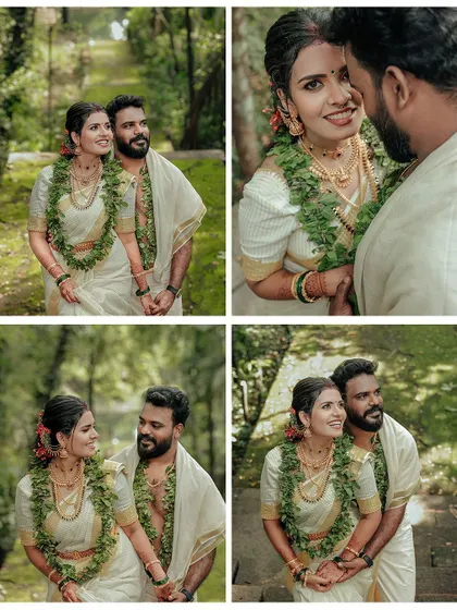 A collage of a couple's romantic and playful moments in a lush green setting after their temple wedding.