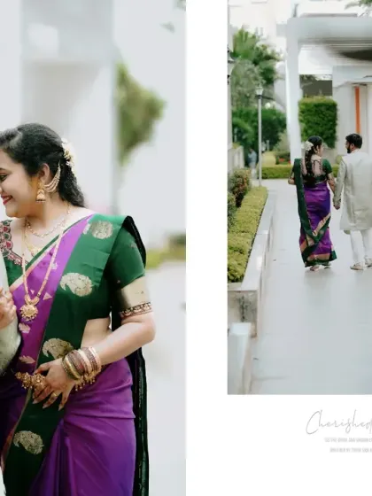 A collage of "Cherished Memories," featuring an intimate close-up of the couple and a shot of them walking away together.