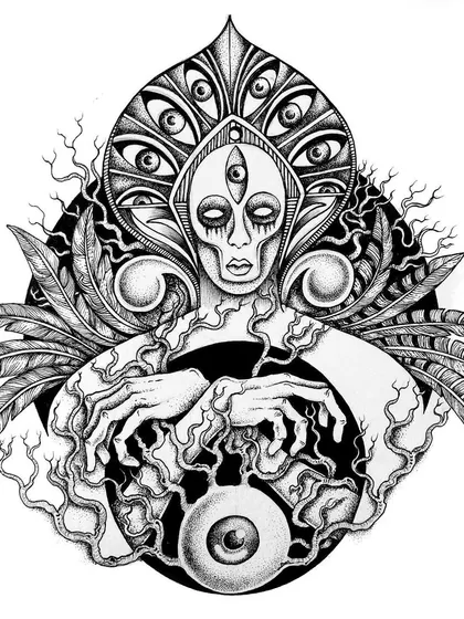 This drawing depicts a mystical, shaman-like figure with a headdress of eyes. It's about seeing beyond the physical world, with hands that seem to manipulate a void or portal.
