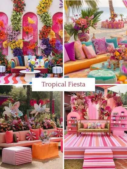 A Tropical Fiesta theme is perfect for a fun, sun-kissed Mehendi. I use a palette of bright pinks, oranges, and teals, along with bold floral arrangements and striped patterns, to create a lively, celebratory vibe.