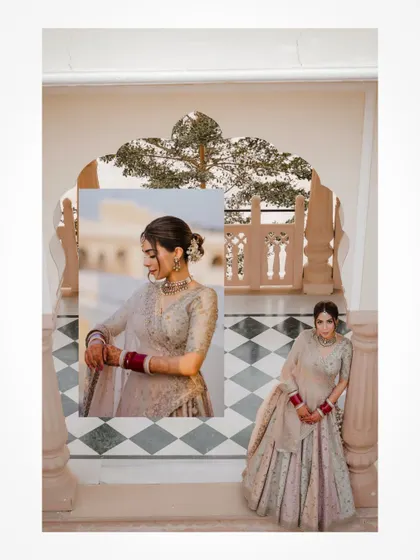 A creative collage of bridal portraits at The Jaibagh Palace.