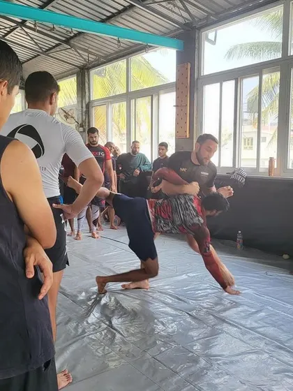 A clear shot of the takedown demonstration from the seminar with Dustin Stoltzfus.