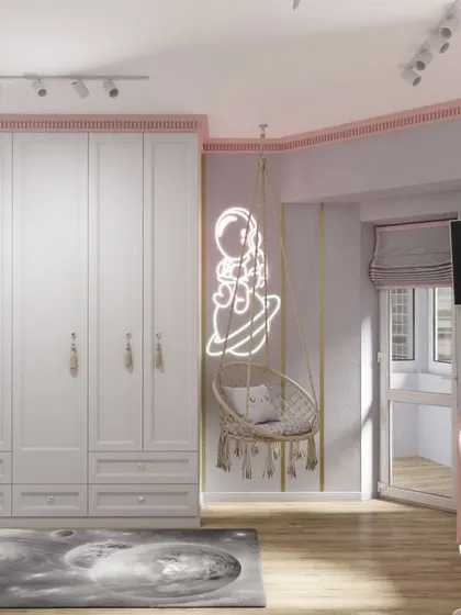 A wide view of the girl's room, highlighting the spacious wardrobe and the well-lit study and play areas.