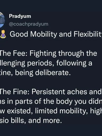 This series expands on my "Fee vs. Fine" philosophy. For everything from improved strength to good mobility, there's an upfront cost (the fee) and a long-term consequence (the fine). Paying the fee of initial soreness and battling inertia is always cheaper than paying the fine of weakness and injury later in life.