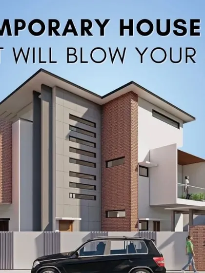 The cover image for a post on "5 Contemporary House Designs," this render shows a modern home with a mix of brick, grey texture, and sloped roofs.
