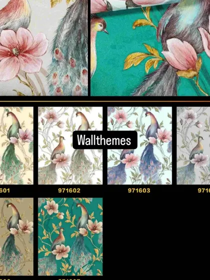 A catalog page showing seven different color variations of the elegant peacock and flower wallpaper design.