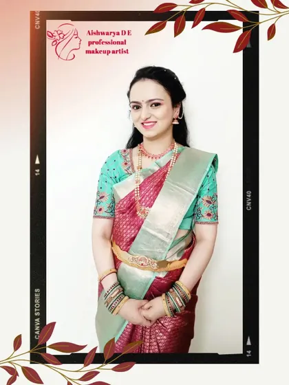 A classic and elegant look for a family function. The makeup is soft and natural, with a focus on clean skin and defined eyes, paired with a beautiful silk saree.