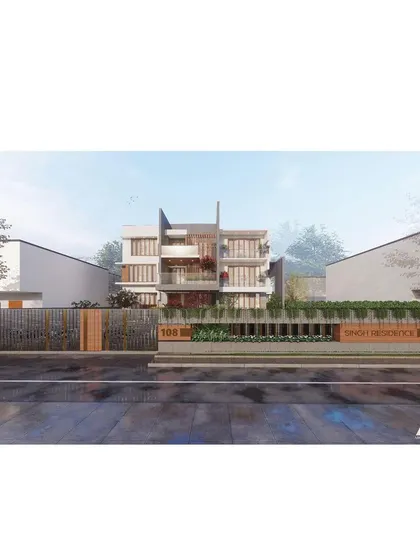 The street view of the 'Singh Residence' render. The design includes a decorative compound wall and gate that complements the main structure, ensuring a cohesive and luxurious aesthetic from the outside in.