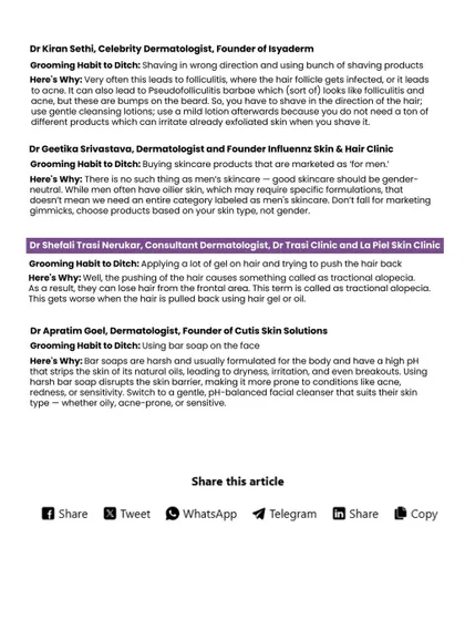 Here is a specific tip I shared in the Man's World feature about tractional alopecia. Pushing hair back with gel or tying it too tightly can cause this form of hair loss, a condition I often diagnose and treat in my clinic.