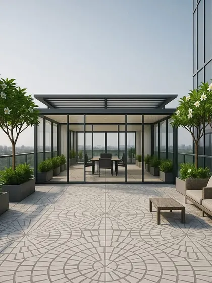 The right flooring sets the foundation for a great outdoor space. This elegant rooftop terrace features our exclusive tiles, a custom glass enclosure, and comfortable lounge furniture.