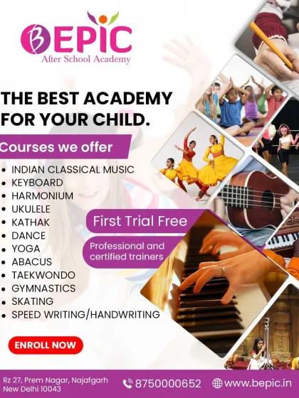 Explore the wide range of courses we offer, from Indian classical music and Kathak to Taekwondo and Abacus. This graphic provides a snapshot of our diverse curriculum, and we invite you to book a free trial class with our professional trainers.