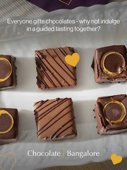 Everyone gifts chocolates, but why not share a guided tasting experience? This image showcases artisanal chocolates from our Bangalore workshop, a perfect way to connect.