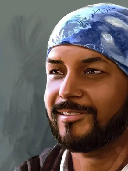 Here is a closer look at the portrait of my mentor. You can see the detail in the eyes and the soft texture of the beard, which are essential for creating a realistic and heartfelt digital painting.