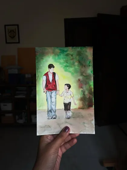 "Meri tarah hota agar khud par zara bharosa, toh kuch duur tum bhi saath saath aate." Inspired by the film 'Udaan,' this painting captures a moment of quiet connection between two brothers on a journey toward freedom and dreams.